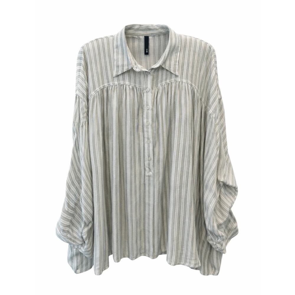 SLINK Striped Green Boho Blouse Rayon Button Front Flowy Top Peasant | Size 2X